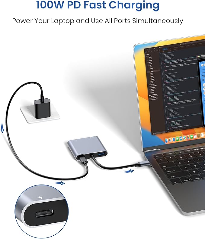 USB C to Dual HDMI Adapter 4K@60Hz HDMI Splitter for Dual Monitors Extended Display 100W PD Charging USB-A Port Windows Supports Multi-Monitor with 3 Screens macOS Limited to Mirror Mode