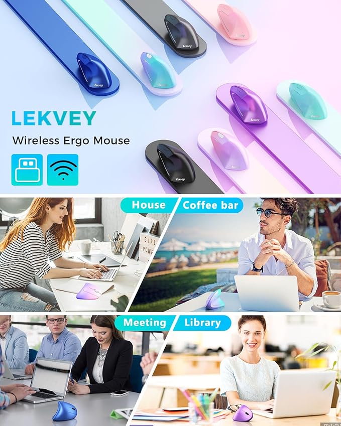 Lekvey Ergonomic Mouse Vertical Wireless Mouse Rechargeable 2.4G Optical Carpal Tunnel Mice: 800/1200 / 1600 DPI 6 Buttons for Laptop PC Mac Computer Desktop Notebook etc Green Purple