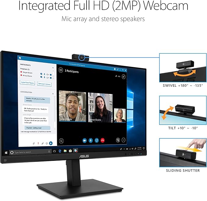 ASUS 27” 1080P Video Conference Monitor (BE279QSK) - Full HD IPS Built-in Adjustable 2MP Webcam Mic Array Speakers Eye Care Wall Mountable Frameless HDMI DisplayPort VGA Height Adjustable