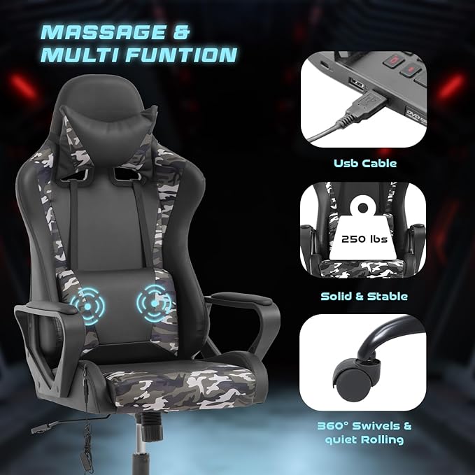 PayLessHere High Back Gaming Chair PC Computer Chair with Lumbar Support Arms Headrest Executive Racing Style Ergonomic Office Chair with Adjustable Rolling Swivel PU Leather Desk Chair (Camo)