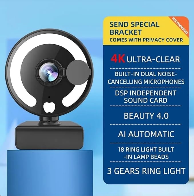 4K Hd Webcam with Light Web cam with Microphone Noise Reduction Wide-Angle Lens Auto Light Adjustment Plug-and-Play USB Webcam for Laptops Desktops Pcs Macs Zoom Skype