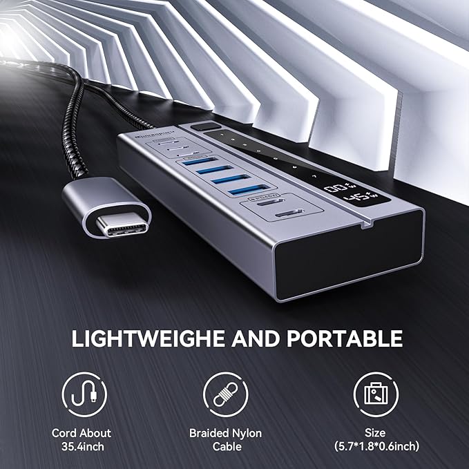 Minisopuru Powered USB C Hub – Support Max 45W Charging with 65W USB-C Power Adapter 10Gbps USBC Hub Charging for Meta Quest Pro Steam iPad Pro iPhone Watch (Not for Monitor)