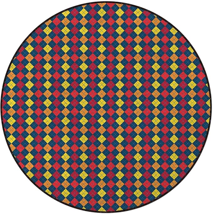 Multicolor Round Area RugsIndoor Throw Runner Circle Rug Entryway Doormat Floor Carpet Pad Yoga Mat for Bedroom Living Room Squares Dotted Lines Colors Checkered Diameter 59 in