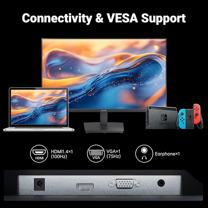 KTC 24 Inch FHD 1080P 100Hz Computer Monitor VA Panel FreeSync PC Gaming Monitor HDMI VGA Ports HDR 4000：1 Contrast LowBlue Mode Ergonomic Tilt Eye Care for Home Office