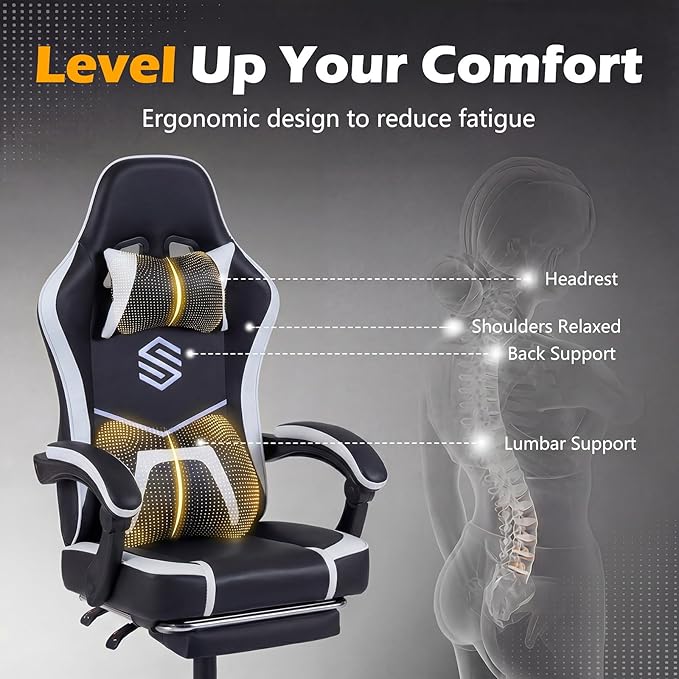 Giantex Gaming Chair Height Adjustable Computer Desk Chair with Headrest Lumbar Support Linkage Armrests Reclining Backrest &amp Footrest Ergonomic Office Chair Video Game Chair (Black)