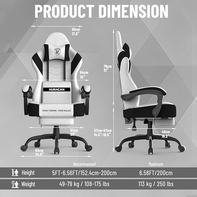 Ferghana Cotton Fabric Gaming Chair with Wider Seat Cushion Shield-Shaped Embroidery Ergonomic High Back Game Chair with Footrest Computer Chair with Massage Lumbar Support for Adult White