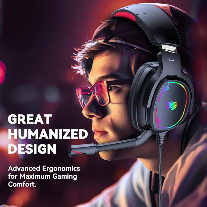 Gaming Headset for PC/PS4/PS5/Xbox One/Switch Stereo Surround Sound Gaming Headphones with Noise Canceling Flexible Mic Computer Headset with 3.5mm Jack &amp RGB Light(Red)