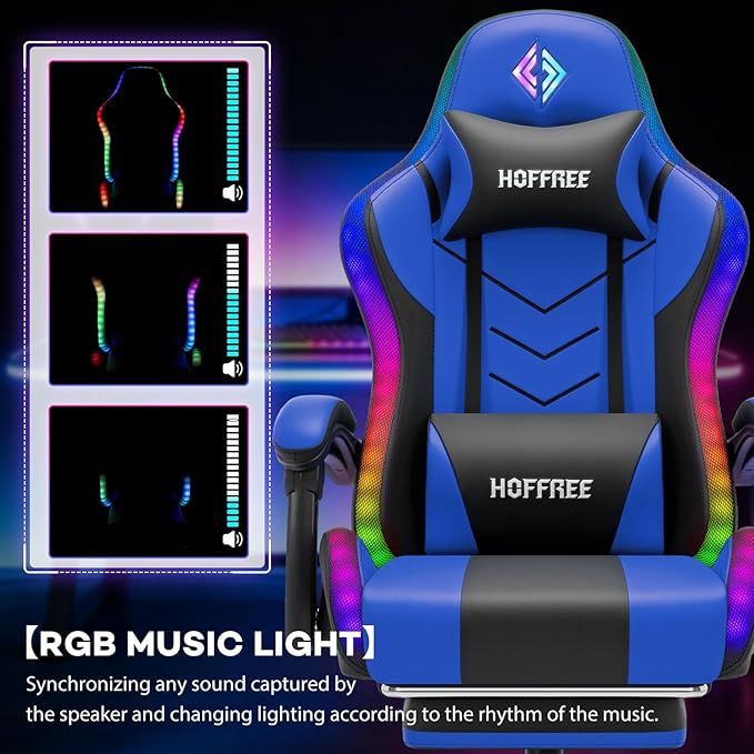 HOFFREE RGB Gaming Chair with Rhythm LED Lights and Speakers Massage Computer Chair with Footrest Music Video Game Chair High Back with Lumbar Support Blue
