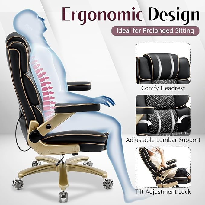 Big and Tall Office Chair 500lbs Heavy Duty Leather Chair with 5D Armrests Comfortable Seat High Back Executive Office Chair with Adjustable Lumbar Large Computer Chair for Home Office Black