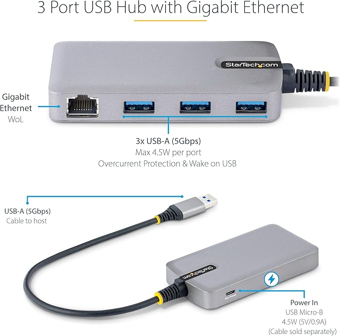 StarTech.com 3-Port USB Hub with Ethernet - 3X USB-A Ports - Gigabit Ethernet (RJ-45) - USB 3.0 5Gbps - Bus-Powered - 1ft/30cm Long Cable - Portable Laptop USB Hub Adapter w/GbE (5G3AGBB-USB-A-HUB)