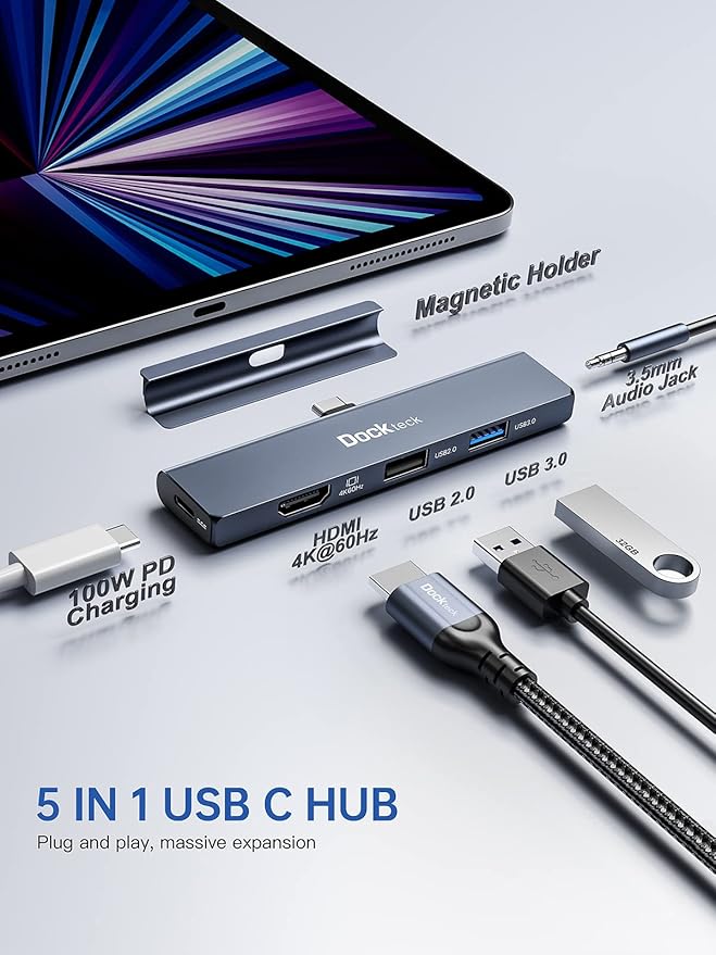 iPad Pro USB C Hub Multiport Adapter - Dockteck USBC Hub 5 in 1 with 100W PD 4K 60Hz HDMI Audio USB 3.0 USB C Dock with Magnetic Grip for iPad Pro 12.9 2021 2020 2018 iPad Air iPad mini 6