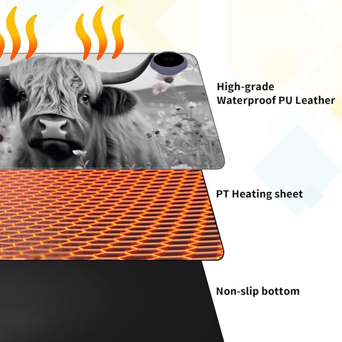 Warm Desk Pad Warm Mouse Pad Gaming Office Desk Matwith 3 Levels Heated &amp 3 Hours Auto Shut - 23.6 x 14.2 inch PU Leather Laptop Keyboard Mat for Home Office Hand WarmerHighland Cow Ox Cattle