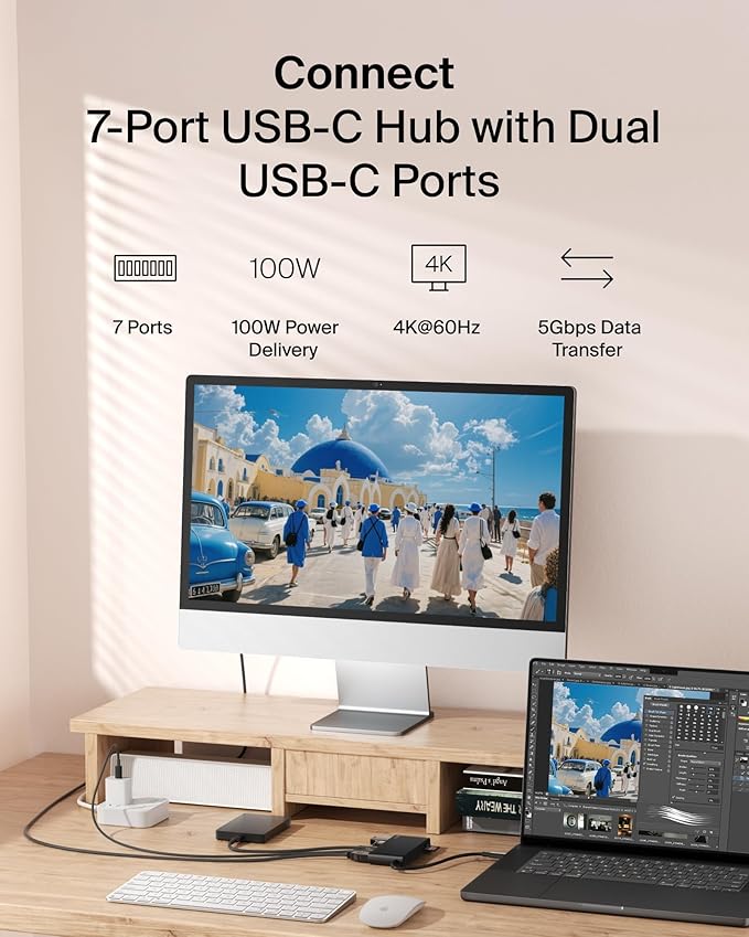 Belkin USB C Hub 7-Port Hub w/ 4K HDMI Display @ 60Hz SD &amp MicroSD 100W Power Delivery Fast Data Transfer 5Gbps USB C Multiport Adapter for MacBook iPad Pro Chromebook etc. - Upgraded HDMI