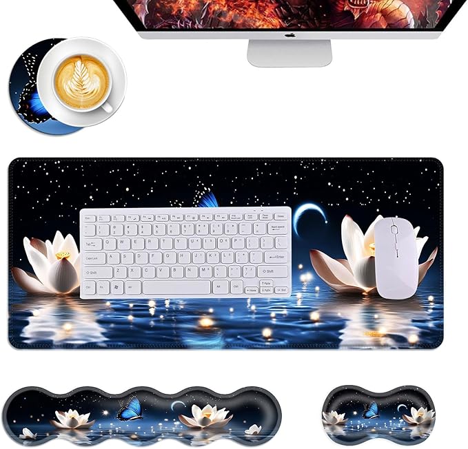 Mouse PadLarge Desk Mat Set 4in1 XL Mousepad + Keyboard Wrist Rest+Mouse Wrist Rest+Coaster with Ergonomic Desk Pad for Home Office Table Computer Cover -Butterfly and Lotus at Night
