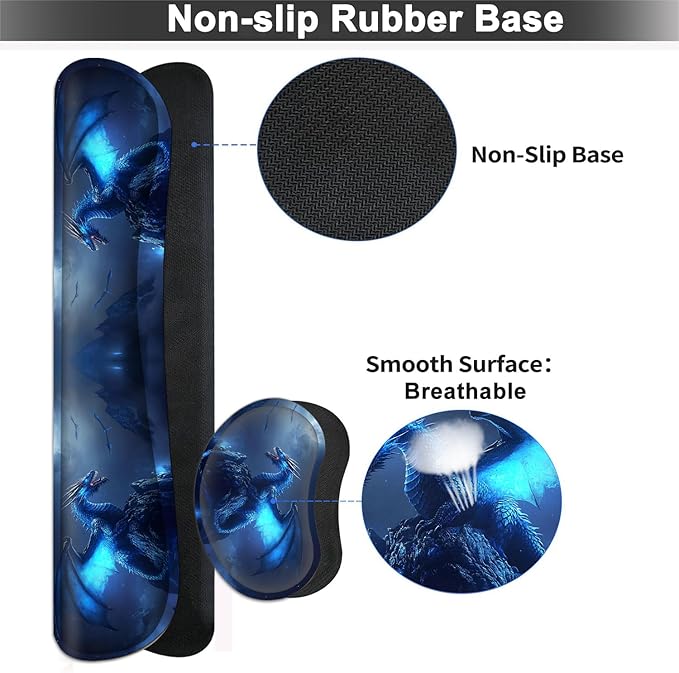 Large Mouse pad and Keyboard Support Set Ergonomic Memory Foam Keyboard Wrist Rest Extended Gaming Mouse Pad with Stitched Edges Blue Dragon XXL Desk Mat (31.5 X 11.8 in) for Home Office
