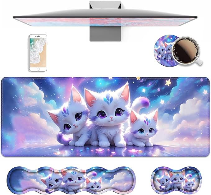 4 in 1 Ergonomic Keyboard Wrist Rest &amp Mouse Pad Wrist Rest Set Large XXL Gaming Desk Mat 31.5x 11.8 with Non-Slip Base Memory Foam for Home Office Study Gaming Cute Cat