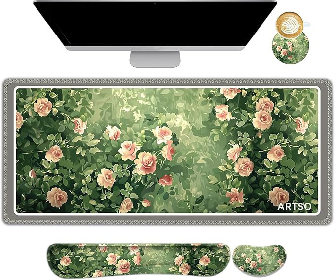 ARTSO Rose Floral Mouse Pad Wrist Support Set Desk Mat 4in1 XXL Large Mousepad + Keyboard Wrist Rest+Mouse Wrist Rest+Coaster Combo with Ergonomic Design for Home Office