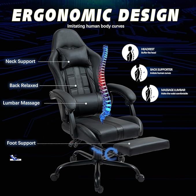 ECOTOUGE Massage Gaming Chair Video Game Chair with Footrest Ergonomic Computer Chair with Headrest and Massage Lumbar Support Height Adjustable High Back Office Desk Chair with 360° Swivel Black