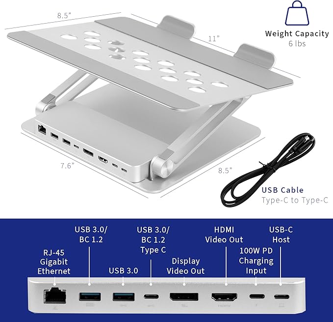 VIVO Universal 11 x 9 inch Height Adjustable Ergonomic Laptop Riser Docking Station with USB-C USB-A HDMI 4K60 DP 4K60 PD RJ45 Tabletop Desk Stand Power Hub Silver STAND-V000LD