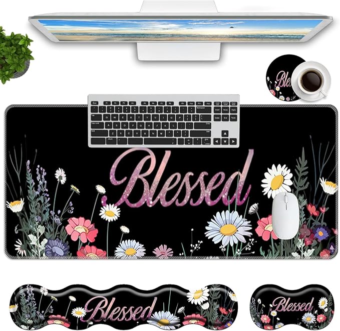 Keyboard Mouse Pad SetLarge Mouse Pad+Keyboard Wrist Rest+Wrist Support+Coaster31.5x11.8in Extended Desk Mat for Computer Laptop Office Home-Florid Blessed