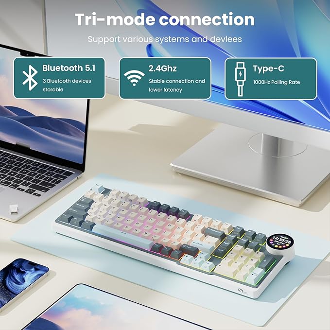 RK ROYAL KLUDGE N99 Wireless Mechanical Keyboard Full Size Smart Display Screen &amp Knob BT/2.4G/USB-C 96% Hot Swappable Custom Keyboard Pre-lubed Linear Switches Gasket Mount RGB Gaming Keybo