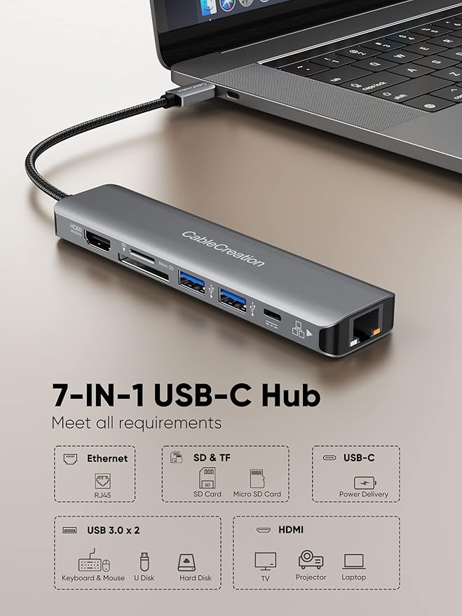USB C Hub 4K 60Hz CableCreation 7-in-1 USB-C Hub Multiport Adapter with 1Gbps Ethernet HDMI 2 USB 3.0 Ports 100W PD and SD/TF Cards Reader Compatible with Steam Deck MacBook Pro/Air iPad Pro