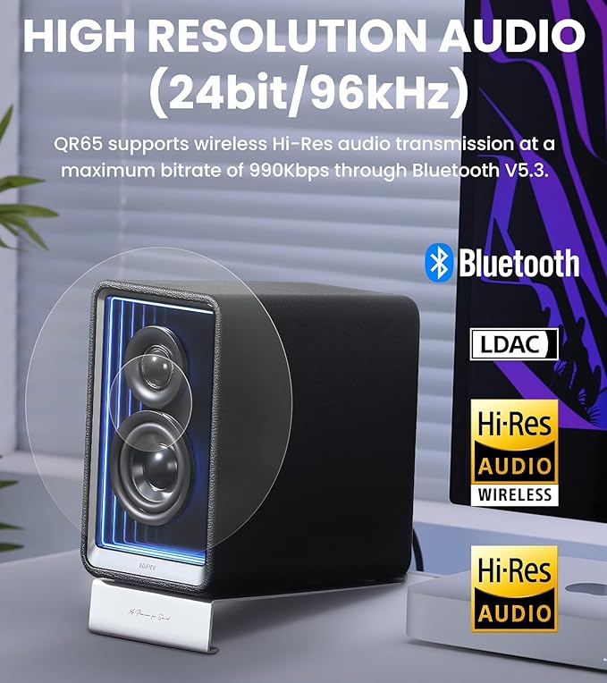 Edifier QR65 Desktop Active Monitor with 2.75 Long-Throw Aluminum Diaphragm mid-Low Drivers Hi-Res Audio Brilliant Light Effects 70W Output Power Bluetooth Speakers with Stands - Black