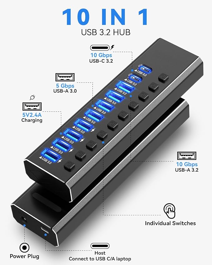 Powered USB Hub 3.210-Port USB 3.2/USB C Hub (10Gbps USB-A 3.2 +2 USB-C 3.2 +7 USB 3.0 Ports) with Individual On/Off Switches and 12V Power Adapter Aluminum USB Hub Powered for Laptop PC