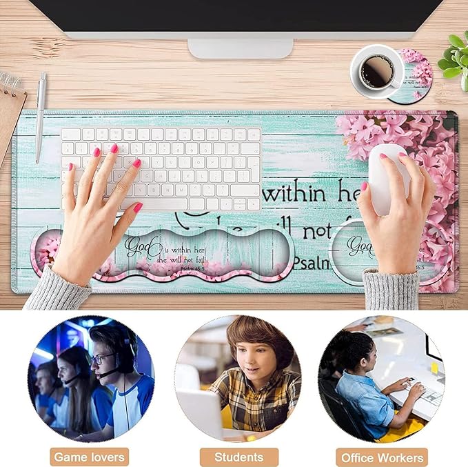 Mouse Pad Set Large Gaming Mouse Pad + Keyboard Wrist Rest Support + Mouse Wrist Cushion + Coaster Non-Slip Rubber Base 31.5 x 11.8 in Extended Desk Mat for Office Psalm 46-5 Pink Hyacinth