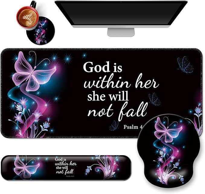 Mouse Pad + Desk Mat + Keyboard Wrist Rest + Coaster 4 in 1 Set Cute Ergonomic Large Gaming Mousepad with Wrist Rest Support Desk Pad for Computer Laptop Office Home Decor-Purple Butterfly
