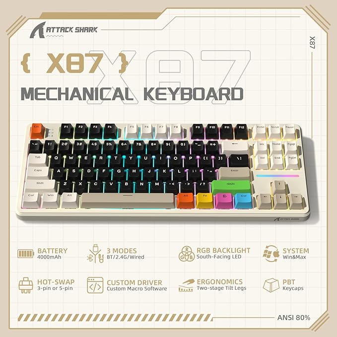ATTACK SHARK X87 80% Wireless Mechanical Keyboard&ampColored KeycapsHot-Swap Gasket RGB Backlit 4000mAhPre-lubed Linear Switch PBT Keycap BT/2.4G/USB-C Gaming Keyboard for PC/MAC-Black(White&amp8