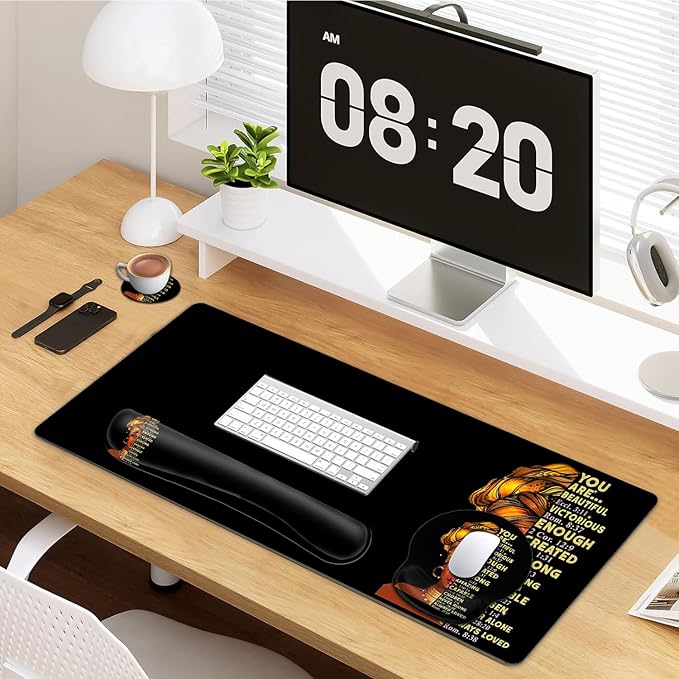 Large Mouse Pad Ergonomic Mouse Pad with Wrist Rest and Keyboard Wrist Rest 4 in 1 Set 31.5 x11.8 inch Extended Desk Pad for Home Office African American Black Queen Women XXL Gaming Mouse Mat