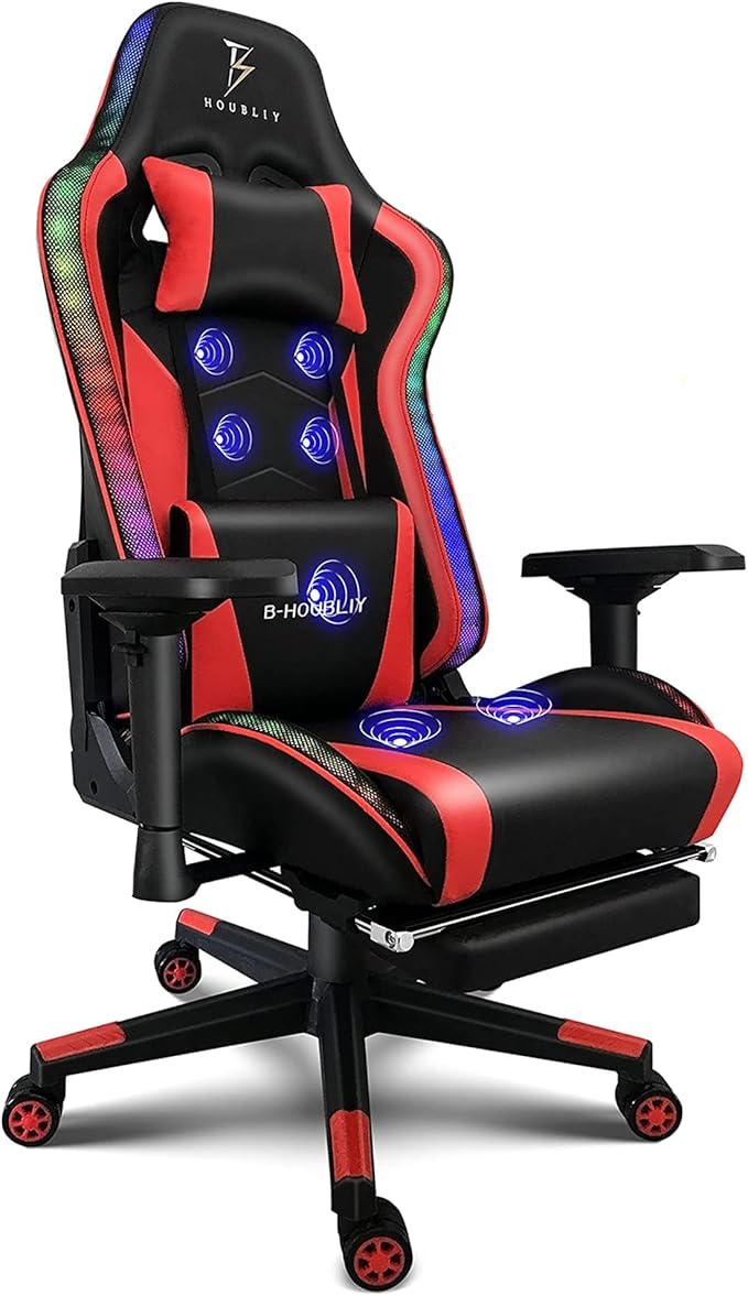 Massage Video Game Chair for Teens RGB Gaming Chair with Speakers High Back Adjustable Computer Chair with Footrest PU Leather Recliner Swivel Rocking Desk Chair Office ChairRed