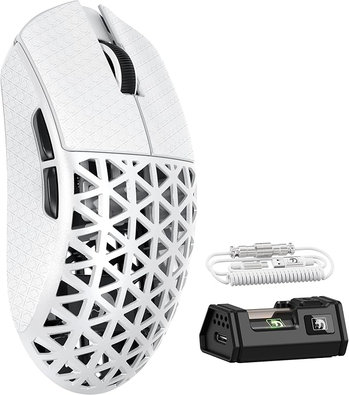 MAMBASNAKE M5 Ultra Carbon Fiber 8000Hz Wireless Gaming Mouse 39g Superlight 42000DPI PAW3950MAX Sensor Nordic 52840 Chip Bluetooth/2.4G/USB-C Wired Mice with Coiled Cable for PC/Mac (White)