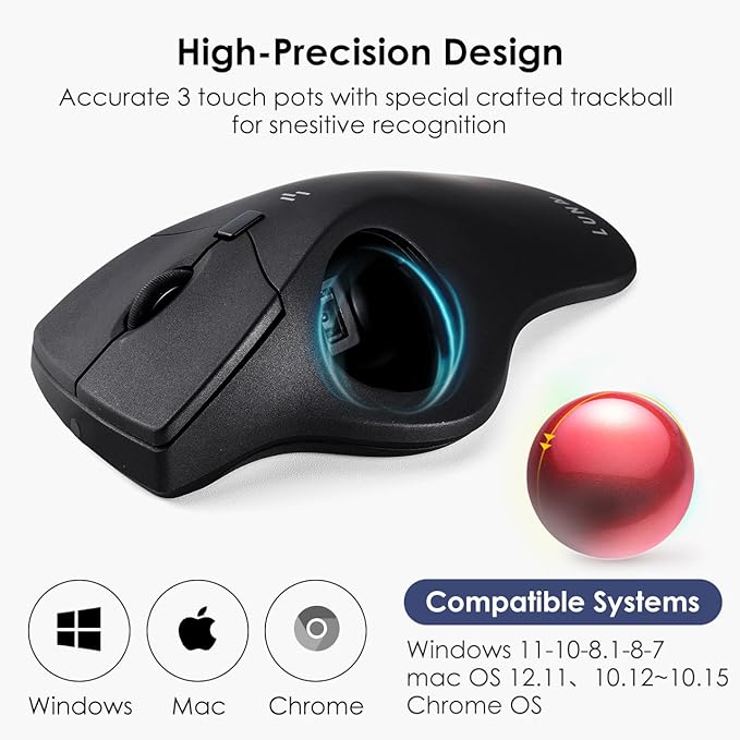SANWA Bluetooth Wireless Ergonomic Trackball Mouse Optical Rollerball Mice Programmable Silent Buttons 40mm Trackball 600/800/1200/1600 DPI Compatible with MacBook Laptop Windows macOS