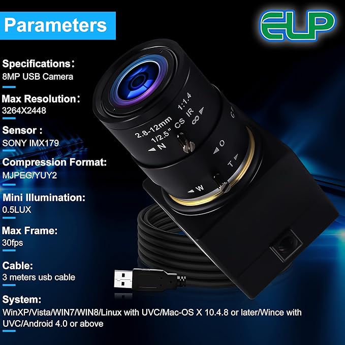 Varifocal Lens USB Camera 4X Optical Zoom Webcam2.8-12mm Varifocus Web Camera Adjust Angle8MP Varifocal Webcams with IMX179Focus Adjustable Raspberry Pi Windows Linux Web Cams