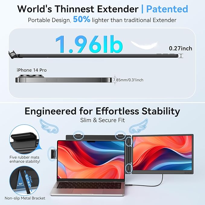 14 Dual Laptop Screen Extender - Ultra Thin Portable Monitor | FHD 1080P USB-C/HDMI Plug &amp Play | Lightweight Travel Display for Mac/Windows (13-17.3 Laptop) | Multi-Tasking Boost for Work &amp