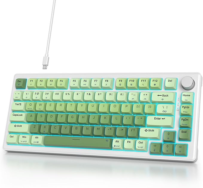 75% Wired Keyboard with Knob 75 Percent Gaming Green Keyboard Hot Swappable Gasket MountWhite Switch82 Keys TKL Mechanical KeyboardNKRO Creamy Keyboard for PC Laptop Windows Gamer(Light green)