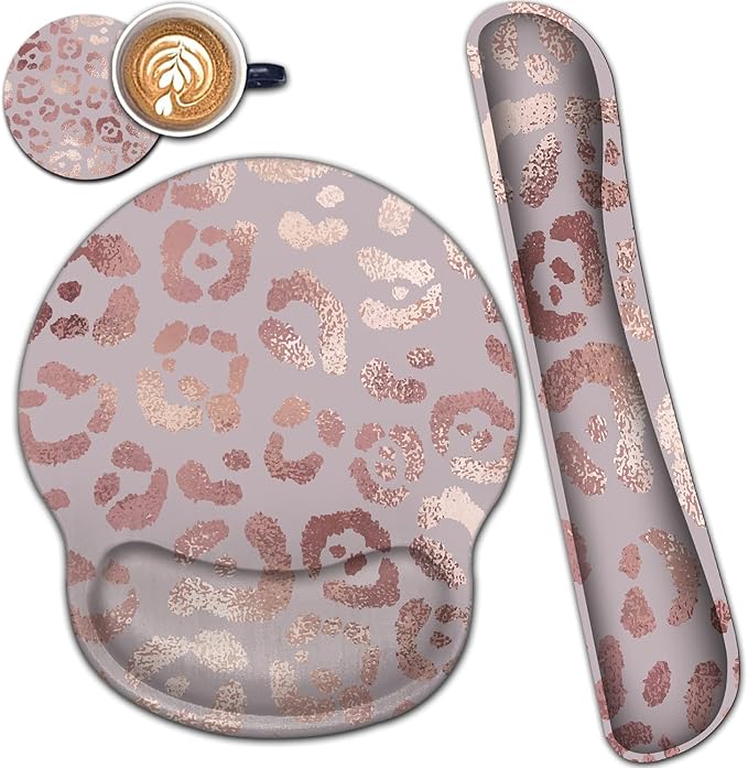 Ergonomic Mouse Pad Wrist Support and Memory Foam Keyboard Wrist Rest Set for Gaming Computer Office Laptop Easy Typing Wireless Mouse Mat Gel Gaming Pad Rose Gold Leopard Print Office Desk Pad