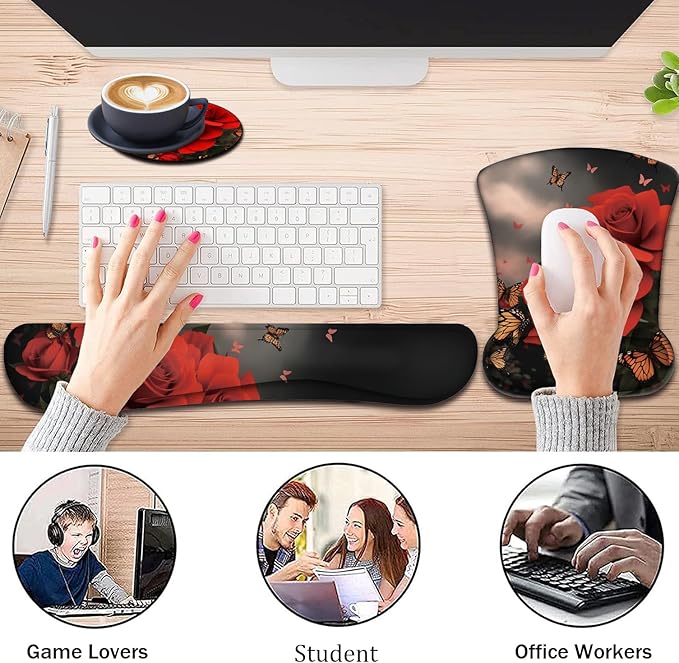 Keyboard Wrist Support + Wrist Mousepad + Coaster Combination Non-Slip PU Base with Gel Memory Mousepad Suitable for Gaming Office Pain Relief Mousepad Set - Flower Butterfly Pink Rose