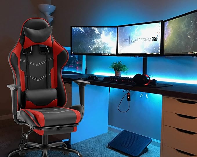 Ergonomic PU Leather Massage Chair with Footrest/Armrest/Lumbar Support for Adults Racing Style Big and Tall Gaming/Work/Study Chairs
