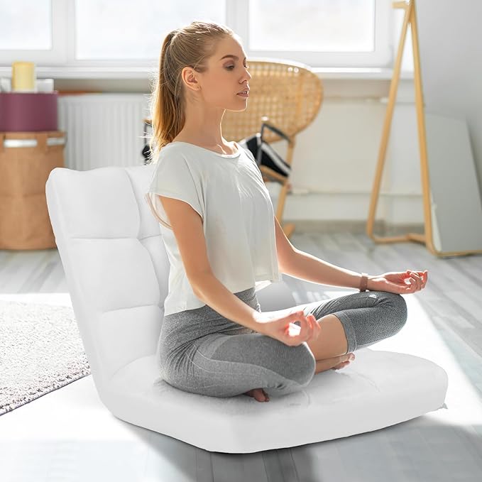GOFLAME 14-Position Folding Floor Chair Padded Gaming Lazy Sofa Chair with Adjustable Backrest Couch Recliner Sleeper Bed Lounge Chair for Reading Gaming Meditating (White)