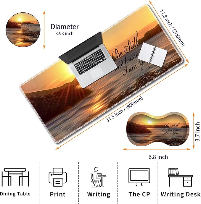 Durable Desk Mat + Wrist Rest Pad + Coasters Set Large Gaming Office Mouse Pad 31.5 x 11.8 Extended Non-Slip Rubber Keyboard Pad Laptop &amp Home Sunset Beach