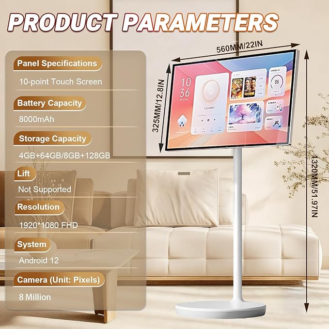 Rolling Swivel Portable Smart Screen 21.5 24 27 32 1080p/4K Touchscreen Monitor for Car RV Office Presentation(4+64gb24IN)