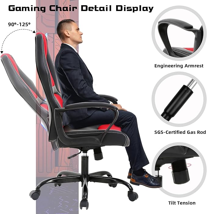 MKDLUFEI Video Game ChairErgonomic Office Chair Desk Chair and Lumbar Support PU Leather Recliner with HeadrestHeight Adjustable Computer Chair for Adults