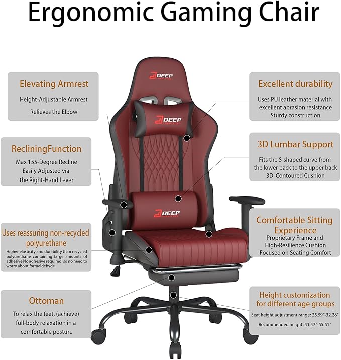 Video Game Chair with Footrest Ergonomic Comfortable Gaming Office Chair Height-Adjustable with a 360° Swivel Base and Headrest(1002-Red)