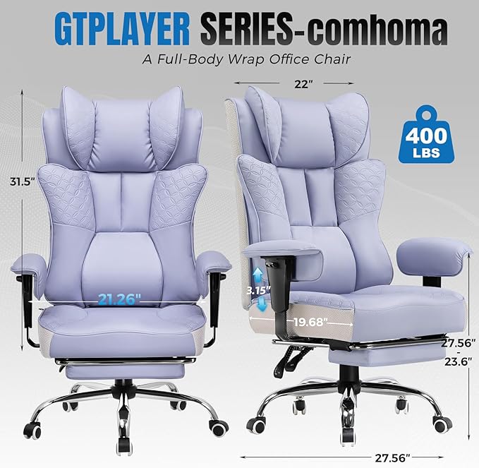GTPLAYER Big and Tall Office Chair 400LBS Wide Ergonomic Gaming Chair with Deluxe Embossing Designed Leather with Foot Rest150°Reclining Adjustable Soft Armrests Pocket Spring Back Support and Pillow