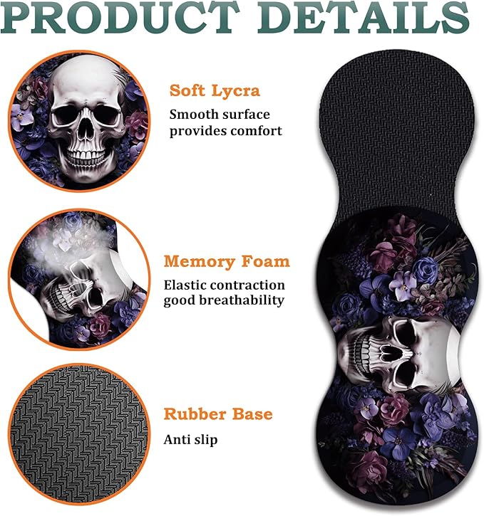 Large Gaming Mouse Pad + Wrist Rest + Lace Coaster Non-Slip Set with Sewn Edges and Waterproof Expandable Desktop Pad Suitable for Office/Home Skull Purple Flower