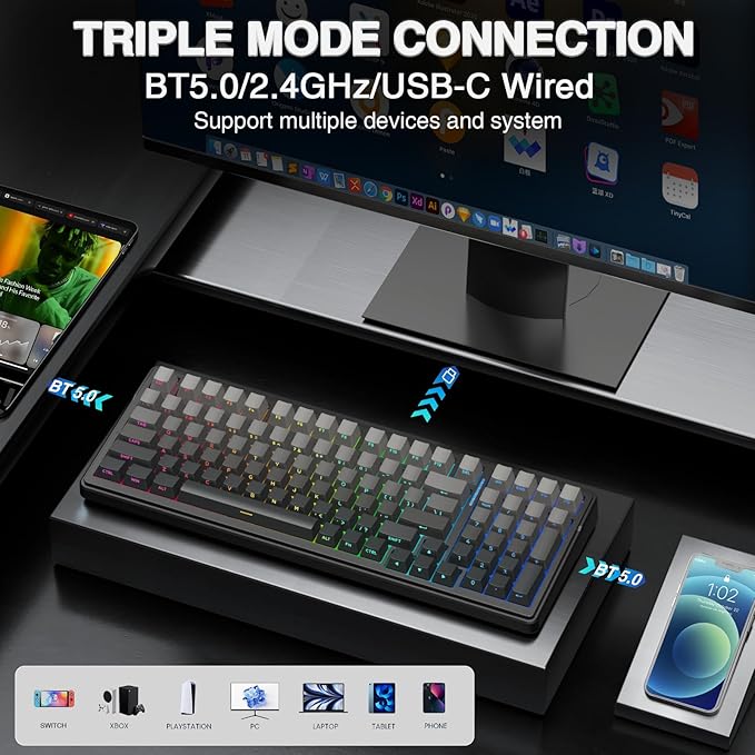 AULA F99 Wireless Mechanical KeyboardGasket Structure Hot Swappable Custom KeyboardRGB BacklitCreamy SoundSide Printed PBT Keycaps2.4GHz/USB-C/BT5.0 Computer Gaming Keyboards