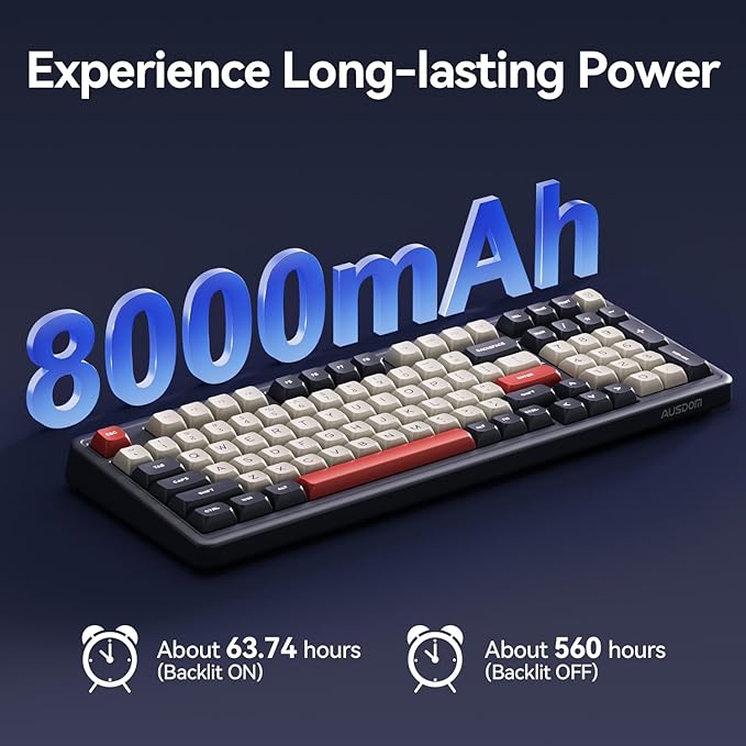 AUSDOM Wireless Bluetooth Mechanical Keyboard BT5.3/Type-C/2.4G Tri-Mode Hot swappable Custom Gaming Keyboards Gasket RGB Numpad Blue Computer Keyboard for Mac/Win/Office 98 Keys(Click Sound)